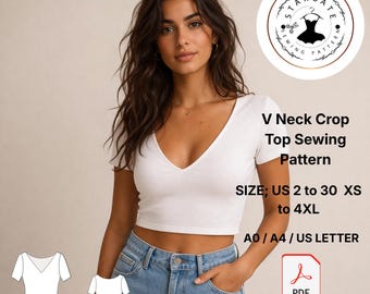 V Neck Crop Top Sewing Pattern, Fitted Basic Tee PDF, Beginner Friendly (Digital Download)