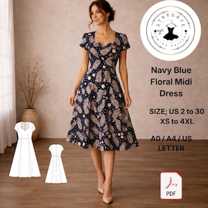 Puede incluir: Vestido midi floral azul marino con escote en forma de corazón y mangas cortas. El vestido presenta un estampado de hojas y lunares en un color más claro. El texto "Navy Blue Floral Midi Dress" y la información de tallas están incluidos.