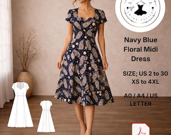 Patrón de costura para vestido midi floral azul marino (descarga digital)