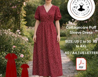 Naaipatroon bordeauxrode bloemen maxi-jurk, cottagecore pofmouw (pdf-patroon)