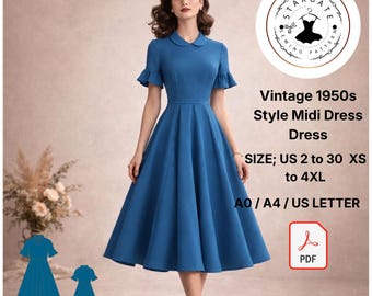 1950s Style Midi Dress Sewing Pattern, Vintage blue dress (PDF Download)