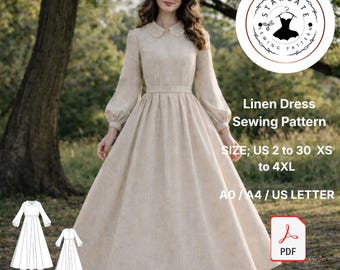 Linen Midi Dress Sewing Pattern, Peter Pan Collar, Cottagecore Style (PDF)