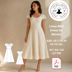 May include: A cream-coloured linen midi dress with a scoop neckline and flutter sleeves. The image includes a Stargate Sewing Pattern logo, text stating Linen Midi Dress for Women, sizes US 2 to 30, XS to 4XL, A0/A4/US Letter formats, and a PDF icon.