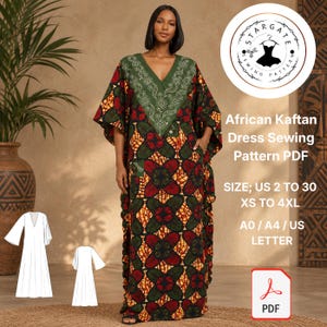 May include: A floor-length kaftan dress featuring a vibrant geometric pattern in red, yellow, and dark green. The V-neckline is accented with an olive green panel displaying white floral embroidery. Text reads: Stargate Sewing Pattern, African Kaftan Dress Sewing Pattern PDF, SIZE; US 2 TO 30 XS TO 4XL, A0 / A4 / US LETTER.