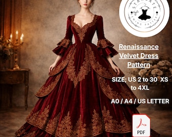 Patroon fluwelen renaissancejurk, Victoriaanse baljurk naaien, pdf historisch kostuum