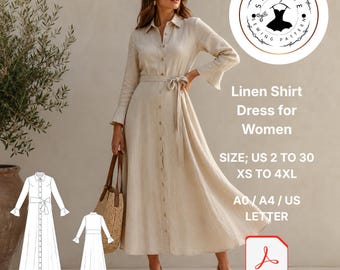 Linen Shirt Dress Pattern for Women, Maxi Flare Style (PDF Download)