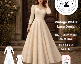 Naaipatroon jaren 50 kanten jurk, A-lijn midi, lange mouw (digitale download)