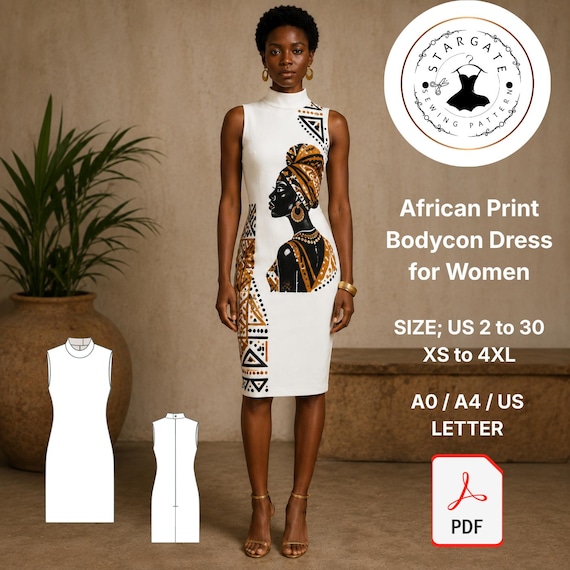 African Print Bodycon Dress Sewing Pattern (Digital Download)
