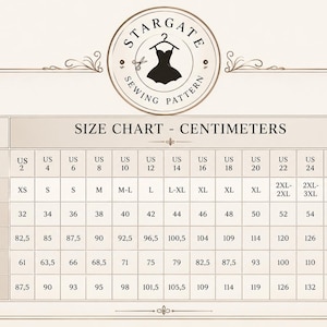 May include: A Stargate Sewing Pattern size chart in centimeters. The table lists US sizes 2 through 30, international sizes XS to 4XL+, and European sizes 32 to 60. It includes rows for bust, waist, and hip measurements in centimeters for each size.
