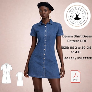 Denim Shirt Dress Sewing Pattern, Button Down A-Line Mini Dress (Digital Download)
