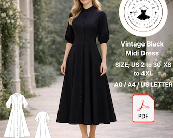 Vintage Black Midi Dress Sewing Pattern, 1940s 1950s Inspired A-Line (Digital Download)