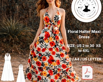 Floral Halter Maxi Dress Sewing Pattern (Digital Download)