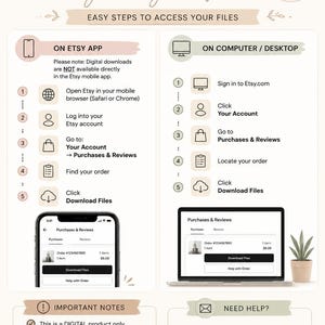 May include: An instructional infographic titled How to Download your digital files. It provides step-by-step guides for accessing files on the Etsy app and desktop, including icons for mobile and computer, numbered lists, and screenshots of the process.