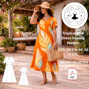 Può includere: Abito midi tropicale arancione con scollo a V e maniche corte, con un motivo a foglie gialle e azzurre. L'immagine include un modello di cucito con il testo "Tropical Midi Dress Sewing Pattern".