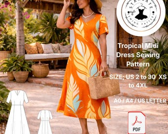 Naaipatroon tropische midi-jurk | A-lijn boho-strandjurk met korte mouwen (pdf)