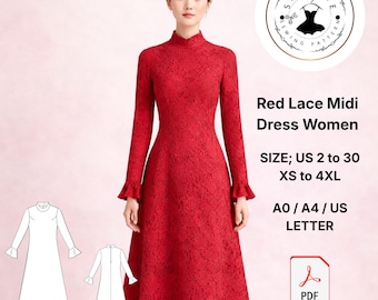 Red Lace Midi Dress Sewing Pattern (Digital Download)