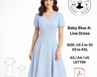 Baby Blue A-Line Dress Sewing Pattern, Puff Sleeve Midi (Digital Download)