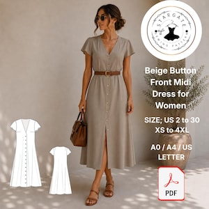 May include: A beige button-front midi dress with short sleeves and a brown belt. The dress has a V-neckline and a button-down front. The image also includes a sewing pattern and the text "Beige Button Front Midi Dress for Women".