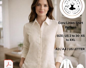 Ecru Linen Shirt Sewing Pattern, Women's Button Up Blouse PDF (Digital Download)