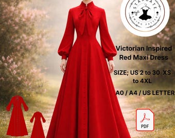 Victorian Red Maxi Dress Sewing Pattern, Edwardian Style Gown (Digital Download)