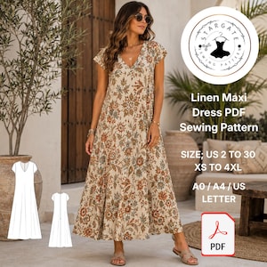 Può includere: Un abito lungo con scollo a V e maniche corte, caratterizzato da una base beige con una stampa floreale multicolore. L'immagine include il testo: Stargate Sewing Pattern, Linen Maxi Dress PDF Sewing Pattern, Size US 2 to 30 XS to 4XL, A0/A4/US Letter e un'icona PDF.
