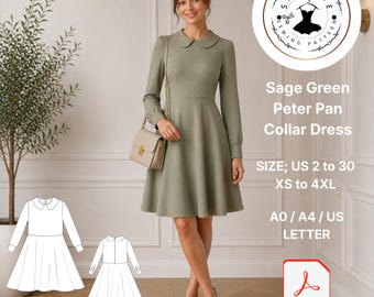 Naaipatroon saliegroene Peter Pan-kraagjurk (digitale download)
