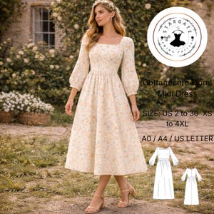 May include: A cream-colored midi dress with a floral pattern, square neckline, and long, puffed sleeves. The dress features a fitted bodice and a flowing skirt. The image includes text that reads "Cottagecore Floral Midi Dress" and size information.