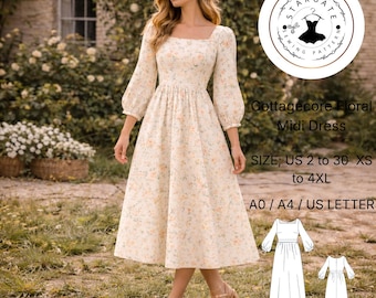Cottagecore Floral Midi Dress Sewing Pattern (A4, A0, US Letter)