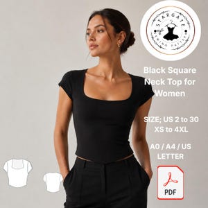 Può includere: Viene mostrato un top nero con scollo quadrato. Il top è indossato con pantaloni neri. L'immagine include il testo "Black Square Neck Top for Women" e informazioni sulle taglie.