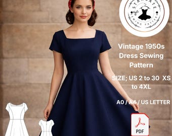 1950s Square Neck Fit Flare Dress Sewing Pattern (PDF), Retro A-Line Midi