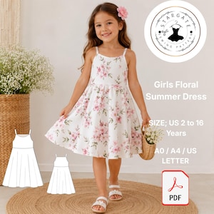 May include: A white sleeveless dress with a pink floral pattern, featuring a fitted bodice and a flared skirt. The image includes text: Stargate Sewing Pattern, Girls Floral Summer Dress, Size US 2 to 16 Years, A0, A4, US Letter, and PDF.