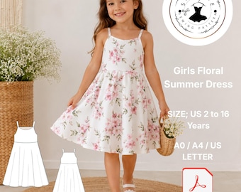 Girls Floral Summer Dress Pattern, Toddler Sundress Sewing, White Pink Cotton (Digital Download)