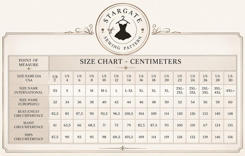 May include: A Stargate Sewing Pattern size chart in centimeters, featuring a table with rows for USA, International, and Europe size names, plus bust, waist, and hip measurements in centimeters for sizes ranging from US 2 to US 30.