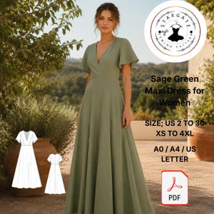 May include: A sage green maxi dress with a deep V-neckline and flutter sleeves. The image includes a circular logo for Stargate Sewing Pattern, text stating Sage Green Maxi Dress for Women, size range US 2 to 30, XS to 4XL, A0/A4/US Letter, and a PDF icon.