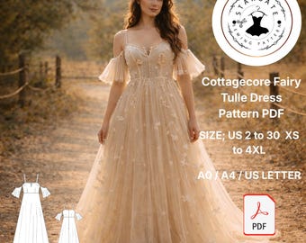 Cottagecore Fairy Tulle Dress Sewing Pattern PDF, Romantic Boho Gown (Digital Download)