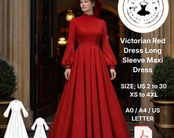Victorian Red Maxi Dress Sewing Pattern (Digital Download)