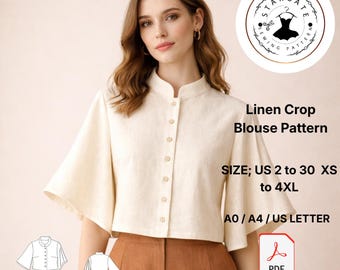 Patrón de costura para blusa corta de lino, top con mangas acampanadas, estilo bohemio (descarga en PDF)