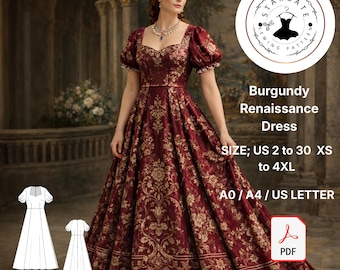 Patrón de costura para vestido renacentista burdeos (descarga digital)