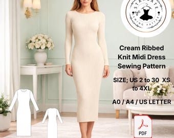 Cream Ribbed Knit Midi Dress Sewing Pattern (PDF Download)