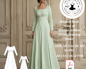 Elegante vista trasera de una mujer con un vestido de noche verde menta: un clásico atemporal de la moda interior.