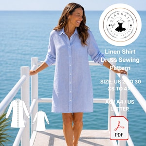 Puede incluir: Un vestido camisero de lino azul claro con cuello, mangas largas y tapeta de botones frontal. La imagen incluye el texto: Stargate Sewing Pattern, Linen Shirt Dress Sewing Pattern, Size US 2 to 30, XS to 4XL, A0/A4/US Letter y un icono PDF.