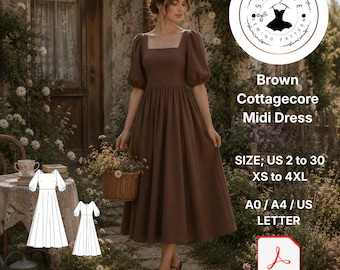 Brown Cottagecore Midi Dress Sewing Pattern, Puff Sleeve Linen Style (PDF Download)