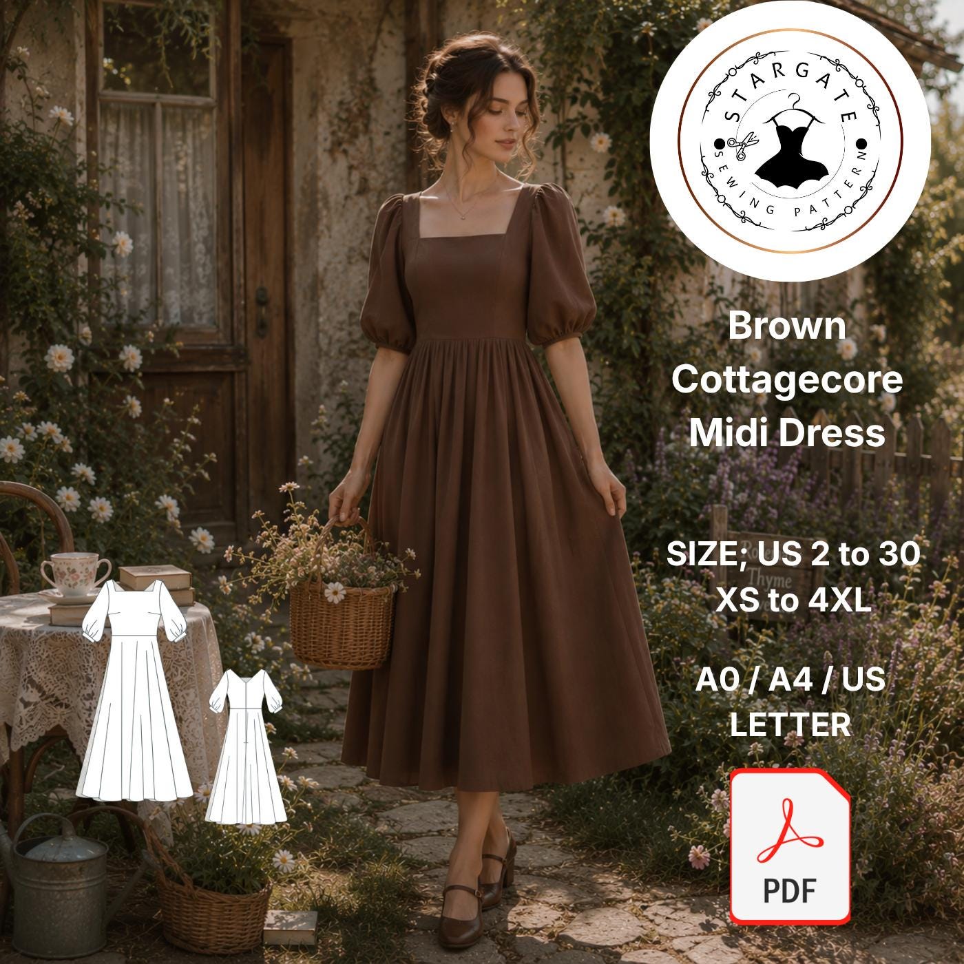 brown cottage core dress vintage dress cottagecore dress