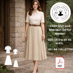 Linen Shirt and Midi Skirt Sewing Pattern – Cottagecore A-Line Outfit (Digital Download)