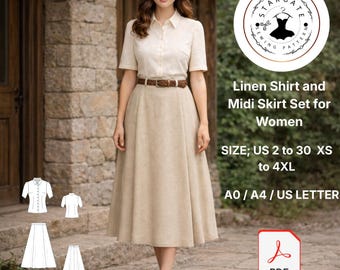 Linen Shirt and Midi Skirt Sewing Pattern – Cottagecore A-Line Outfit (Digital Download)