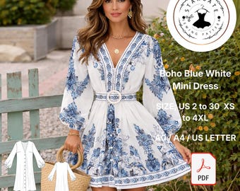 Boho Blue White Mini Dress Sewing Pattern (Digital Download)