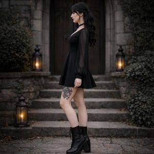 May include: A black mini dress featuring long, sheer, bishop-style sleeves, a fitted bodice, and a flared skirt. The dress is paired with black lace-up platform boots, creating a cohesive look with a dark aesthetic and visible floral leg tattoo.