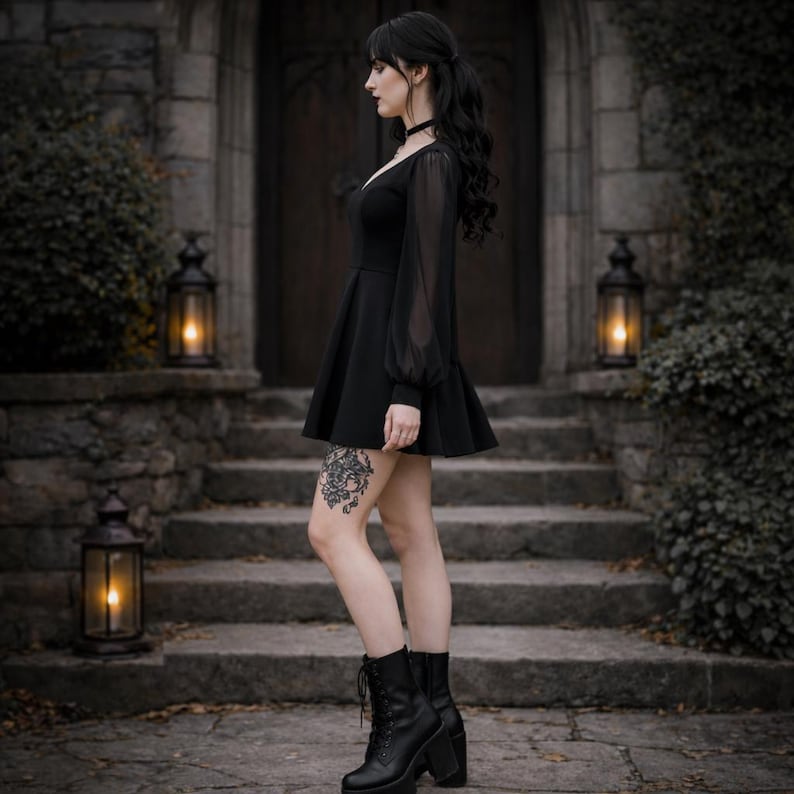 May include: A black mini dress featuring long, sheer, bishop-style sleeves, a fitted bodice, and a flared skirt. The dress is paired with black lace-up platform boots, creating a cohesive look with a dark aesthetic and visible floral leg tattoo.