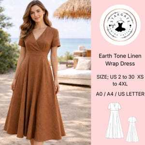 Mönster för linneklänning med omlottmönster – jordfärgad midi, amerikanska storlekar 2-30 digitalt