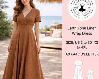 Naaipatroon linnen wikkeljurk – aardetinten midi, Amerikaanse maten 2-30, digitaal